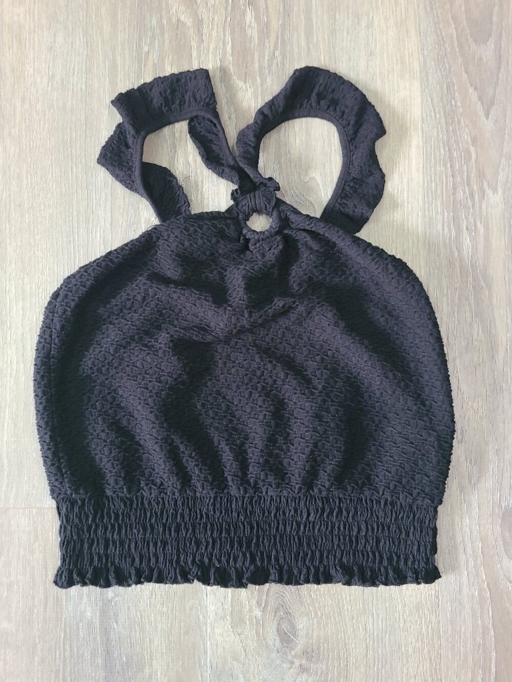 Anthropologie Black Marisol Textured Matelasse Ruffle Halter Crop Top - Size XS